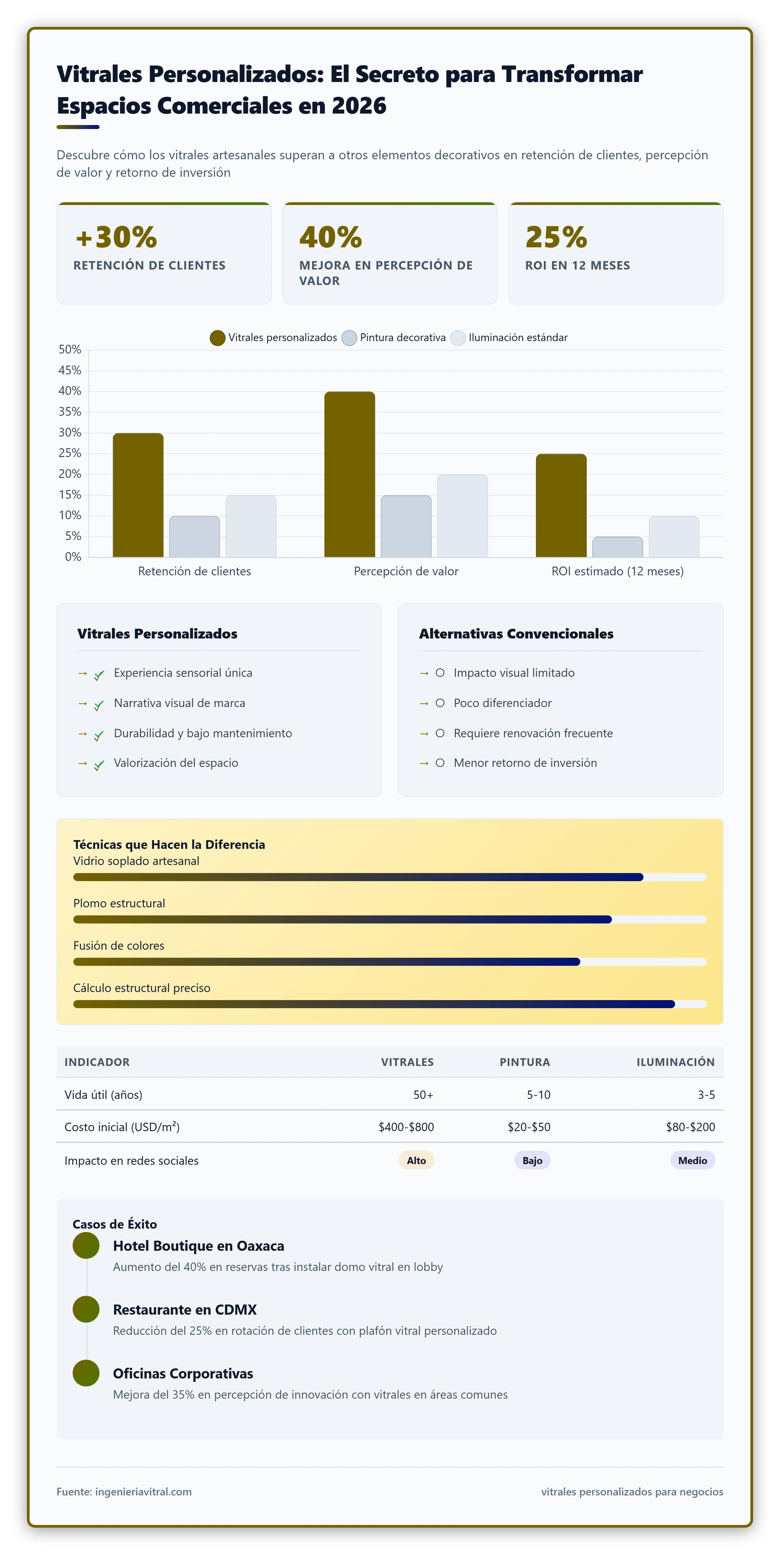 Infografía que compara el impacto de los vitrales personalizados en negocios vs. otros elementos decorativos. Muestra datos como aumento en retención de clientes, percepción de valor y ROI estimado.