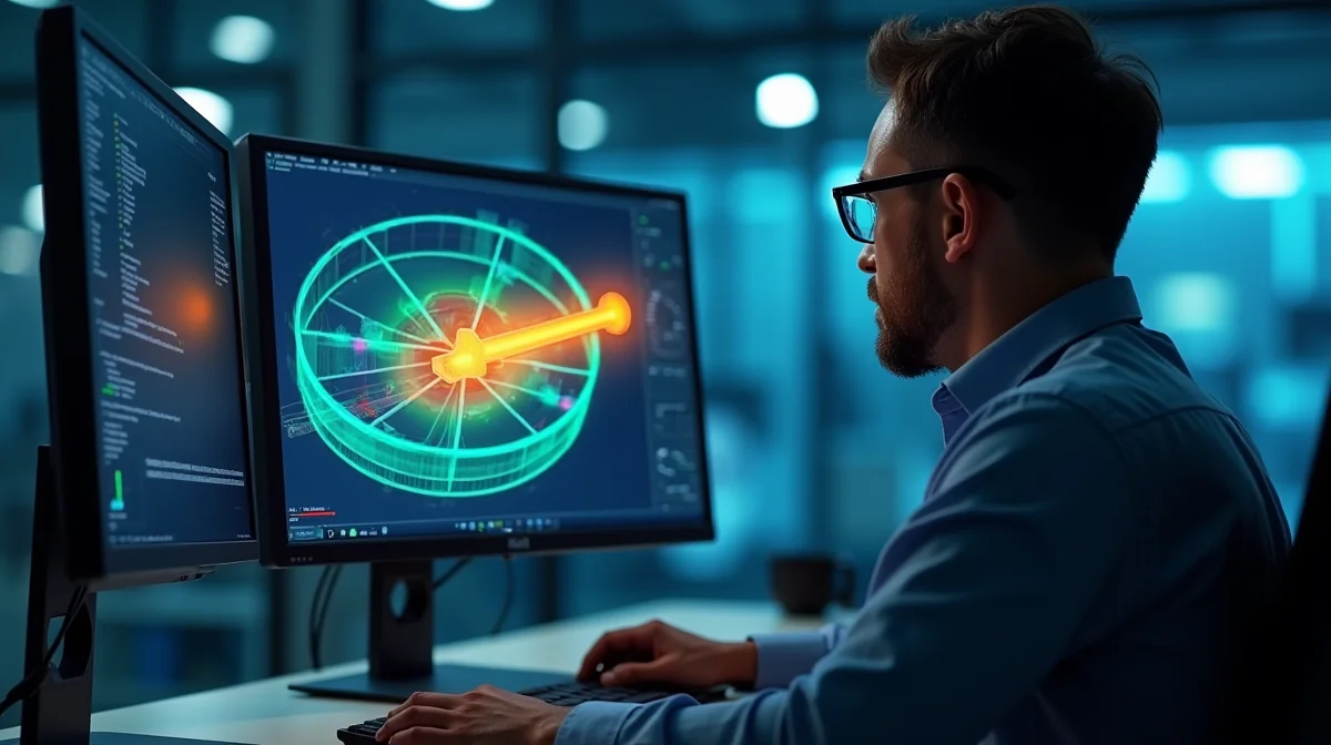 Imagen ilustrativa sobre Ingeniero realizando cálculos estructurales en una computadora con software RF-GLASS, mostrando una simulación de cargas en un vitral. Fotorealista, sin texto, con ambiente profesional. para el artículo Cálculo Estructural de Vitrales: Guía Técnica 2026