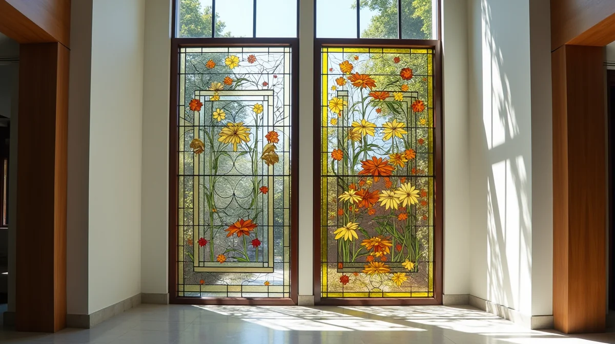 Imagen ilustrativa sobre Comparación visual de dos vitrales: uno prefabricado (diseño genérico) y otro personalizado (diseño exclusivo con detalles intrincados), ambos instalados en interiores. para el artículo ¿Cuánto cuesta un vitral en CDMX 2026? Guía de precios y factores clave