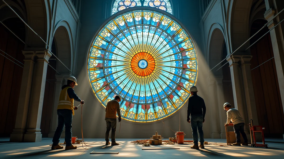 Imagen ilustrativa sobre Proceso de instalación de un vitral en un domo, mostrando a un equipo de instaladores colocando cuidadosamente cada pieza de vidrio con herramientas especializadas. para el artículo ¿Cuánto cuesta un vitral en CDMX 2026? Guía de precios y factores clave