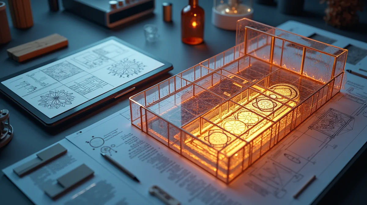Imagen ilustrativa sobre Proceso de diseño de un vitral en software 3D, mostrando bocetos digitales y renderizados de un proyecto personalizado. Ilustración limpia y técnica. para el artículo Diseño y Fabricación de Vitrales Personalizados: Guía 2026