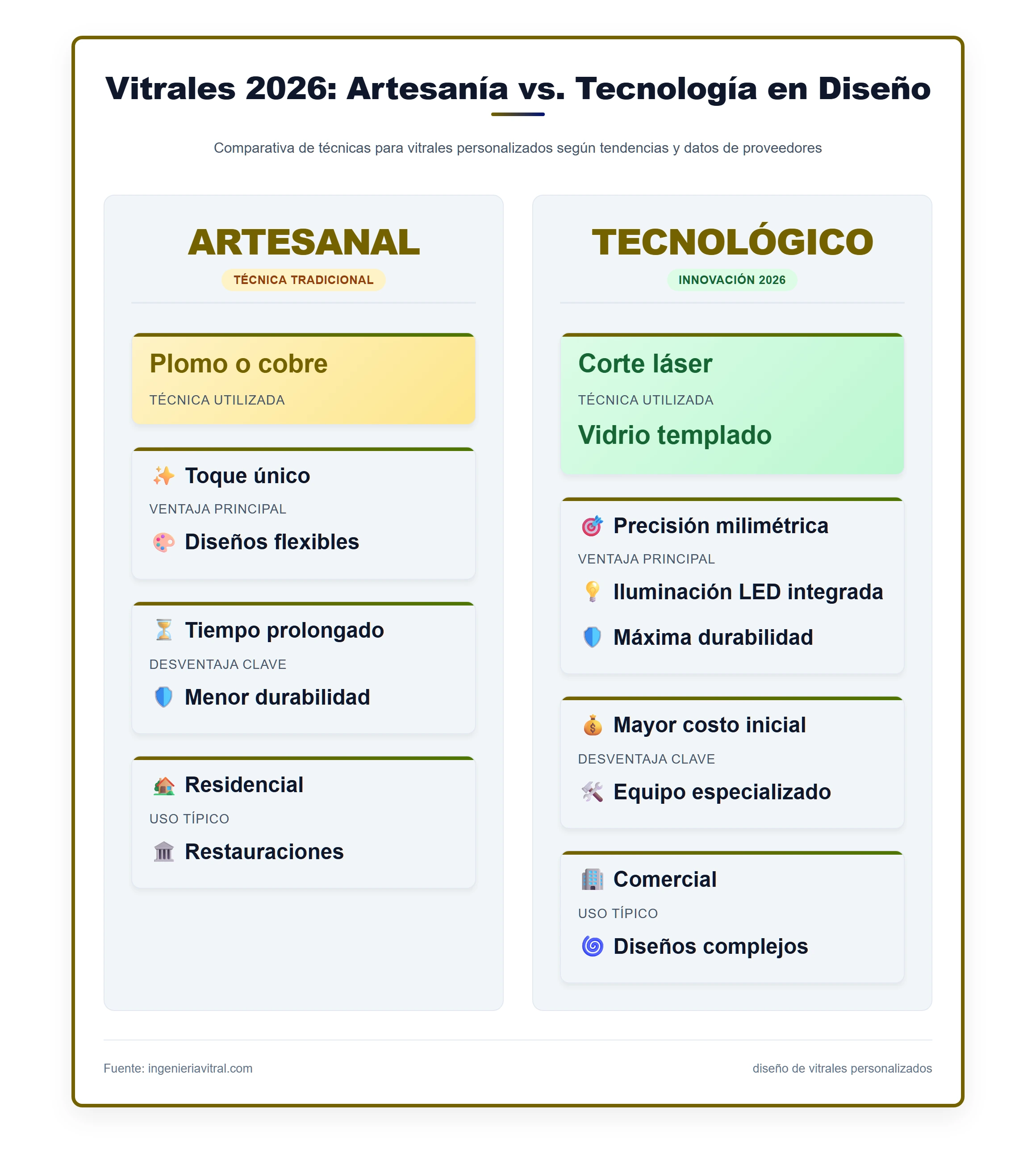 Comparativa visual entre técnicas artesanales y tecnológicas para fabricar vitrales.