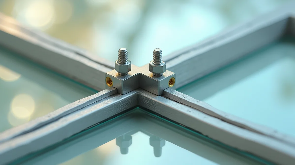 Detalle de un sistema de protección de vidrio templado sobre un domo de vitral, mostrando la unión entre la lámina de vidrio
