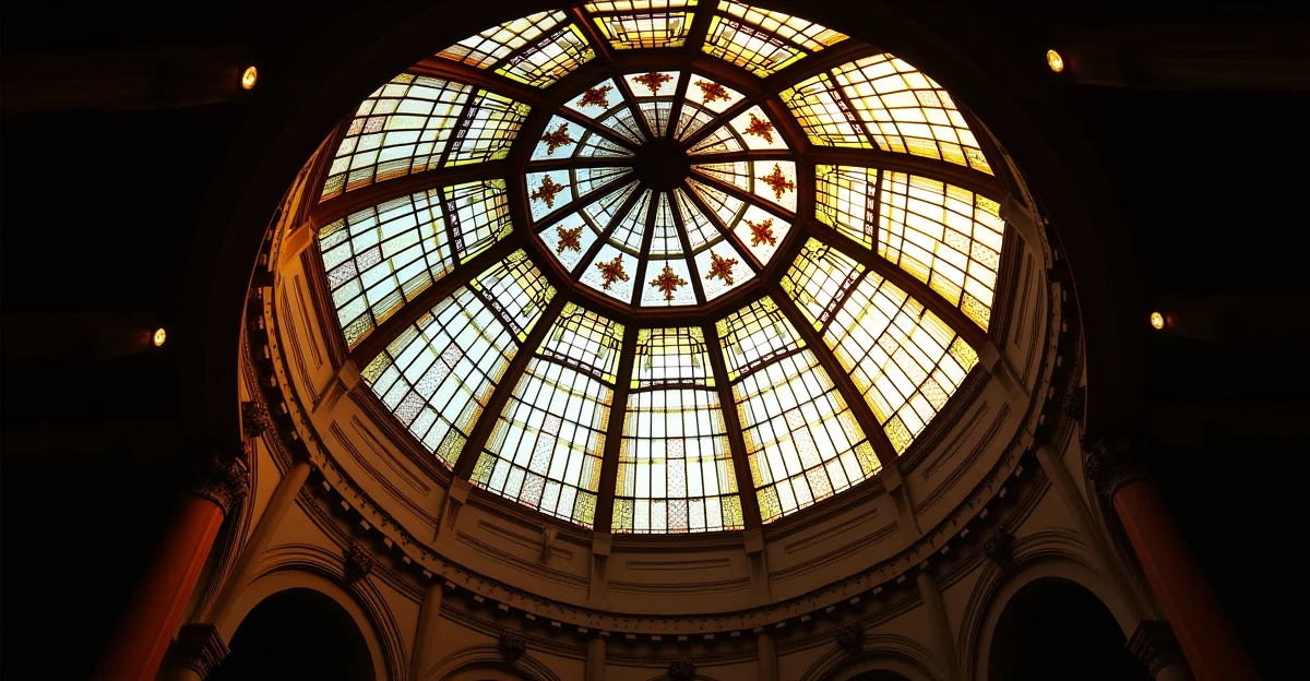 Domos de vitral iluminados en un interior arquitectónico, con enfoque en la textura del vidrio y la estructura metálica, sin