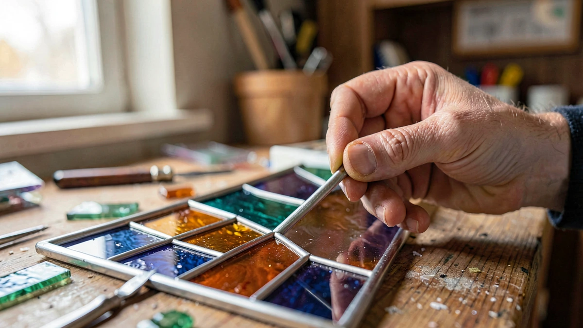 Mano de artesano ensamblando piezas de vidrio de colores con perfiles de plomo sobre una mesa de madera en un taller
