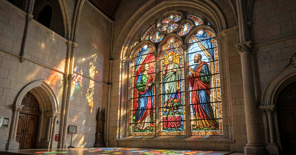 Vitral colorido en fachada de iglesia histórica, con detalles de emplomado y biselado, iluminado por luz natural que crea