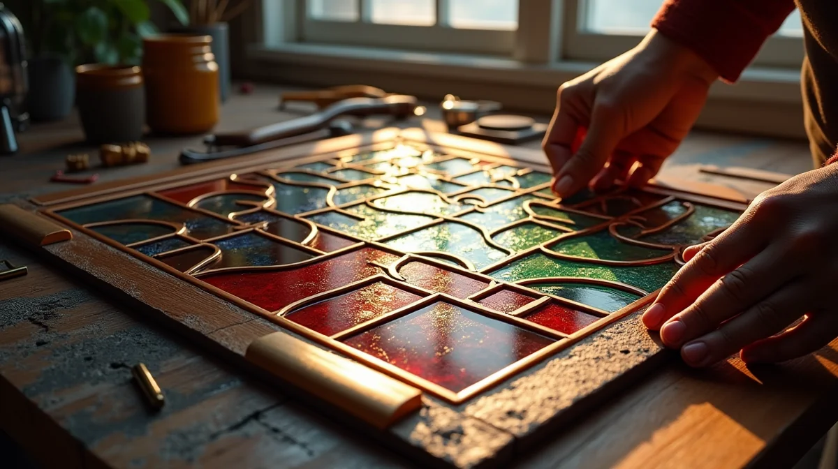 Ilustración que representa el proceso de ensamblaje de un vitral Tiffany con cinta de cobre, resaltando los materiales y la