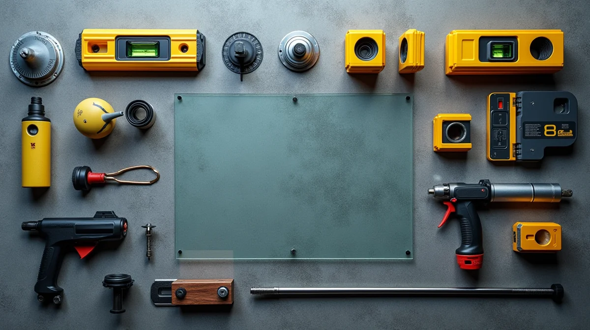 Imagen ilustrativa sobre Herramientas profesionales para instalación de vitrales, como ventosas de succión, niveles láser y pistolas de sellador, dispuestas sobre una mesa de trabajo. para el artículo Instalación de Vitrales Profesional: Guía 2026 para Seguridad y Durabilidad