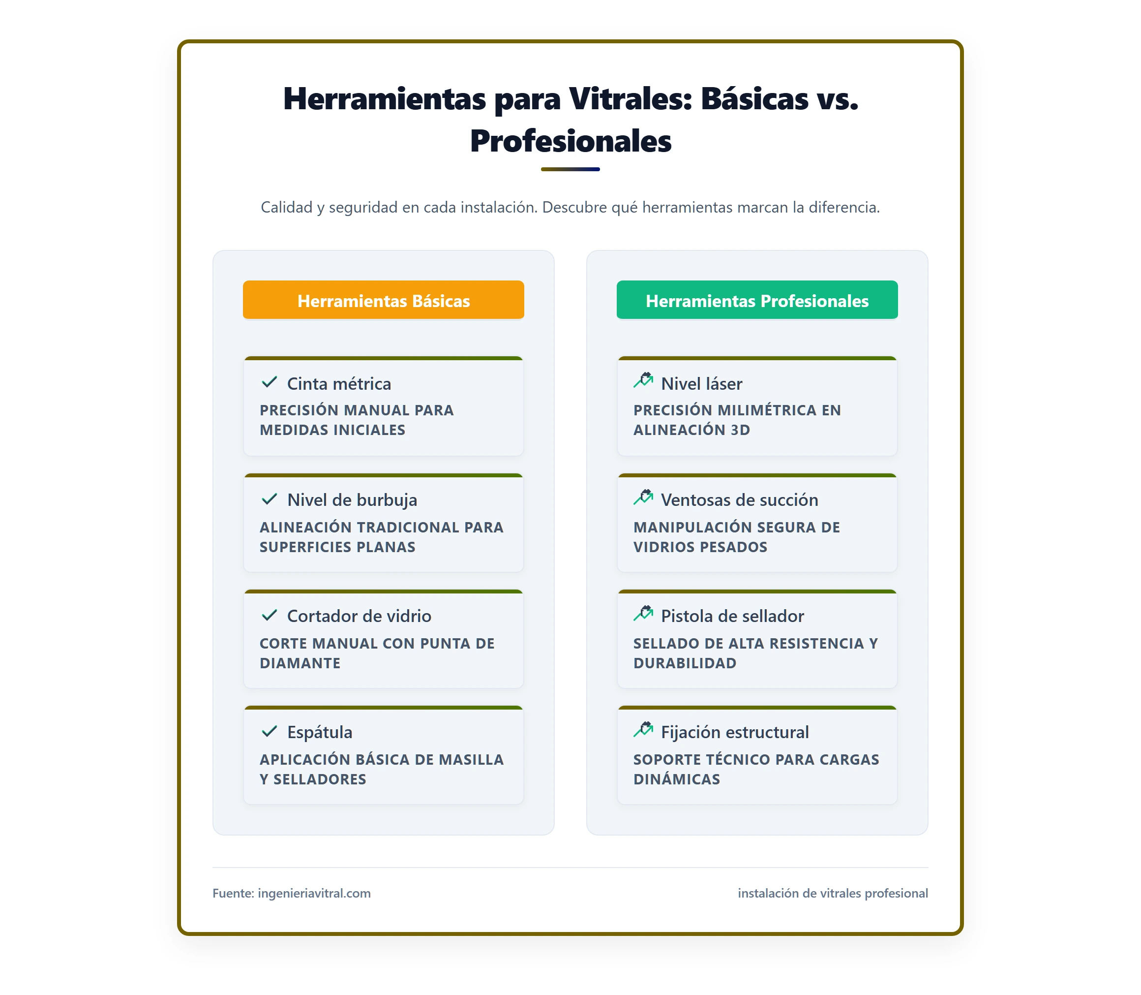 Comparativa de herramientas básicas vs. herramientas profesionales para instalación de vitrales.