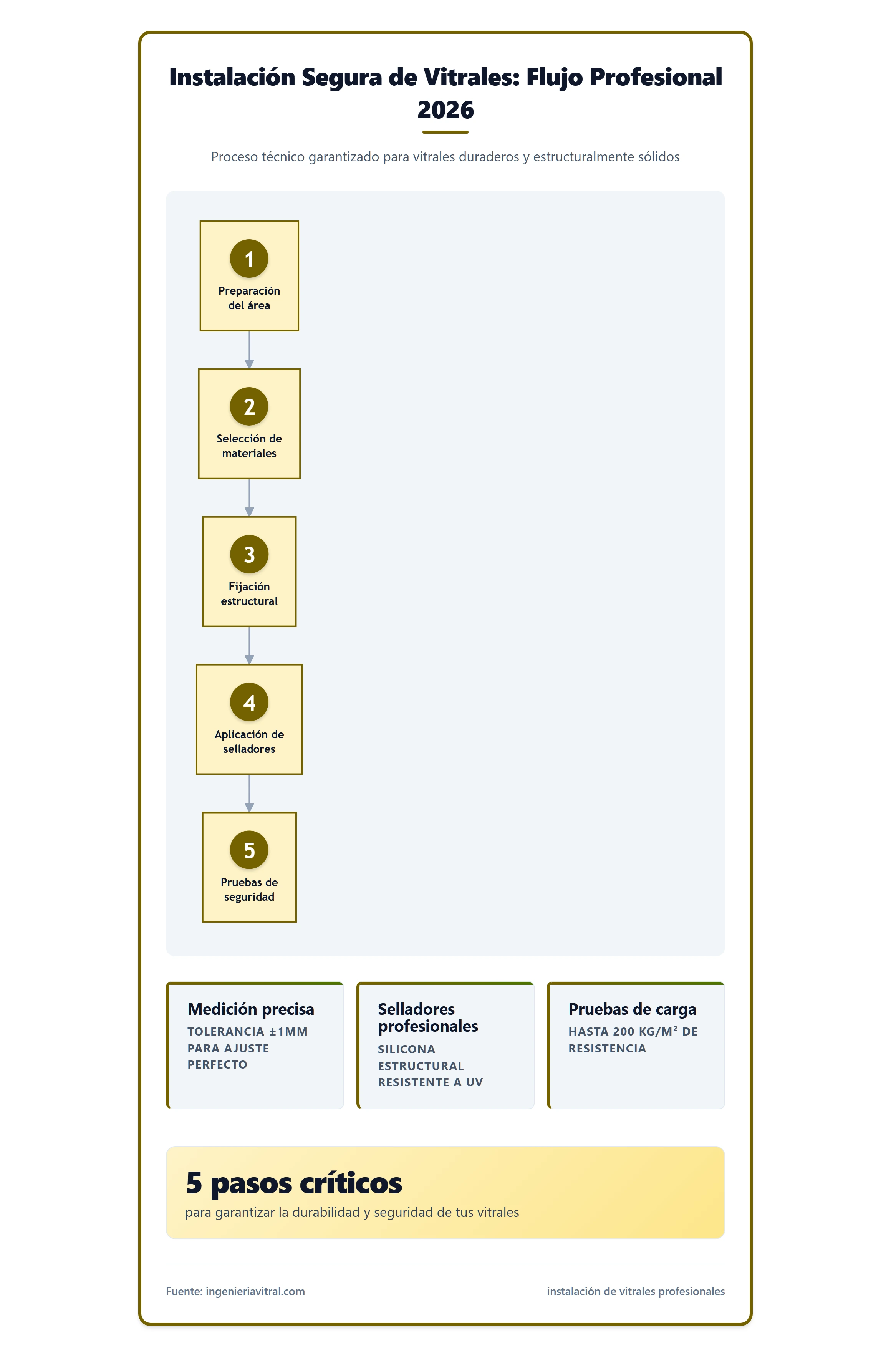 Diagrama de flujo de los pasos para instalar un vitral de manera segura.