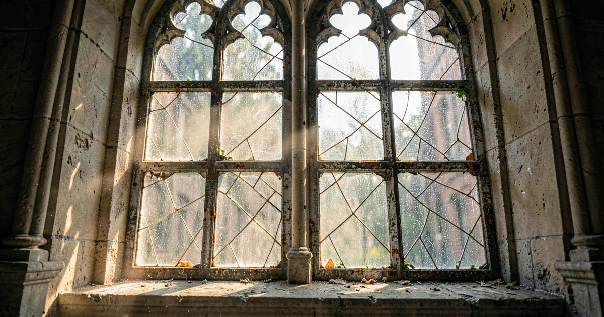 Vitral emplomado antiguo en iglesia con corrosión visible y grietas en el vidrio, iluminado por luz natural