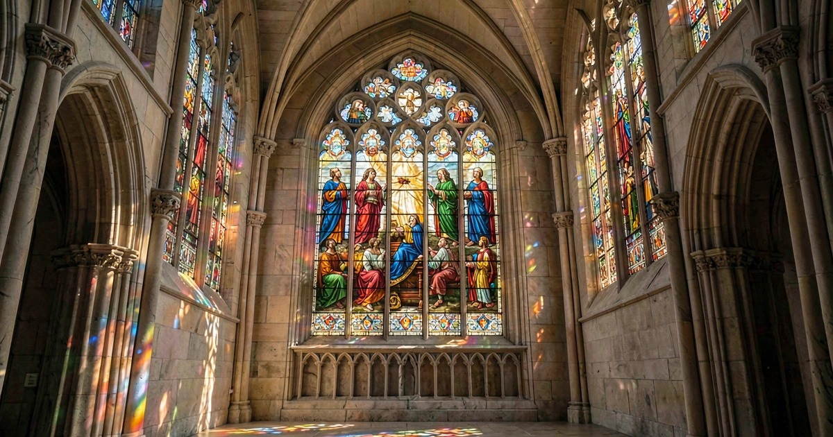 Vitral histórico protegido con vidrio templado en navedad gótica, luz natural dorada filtrándose y proyectando patrones