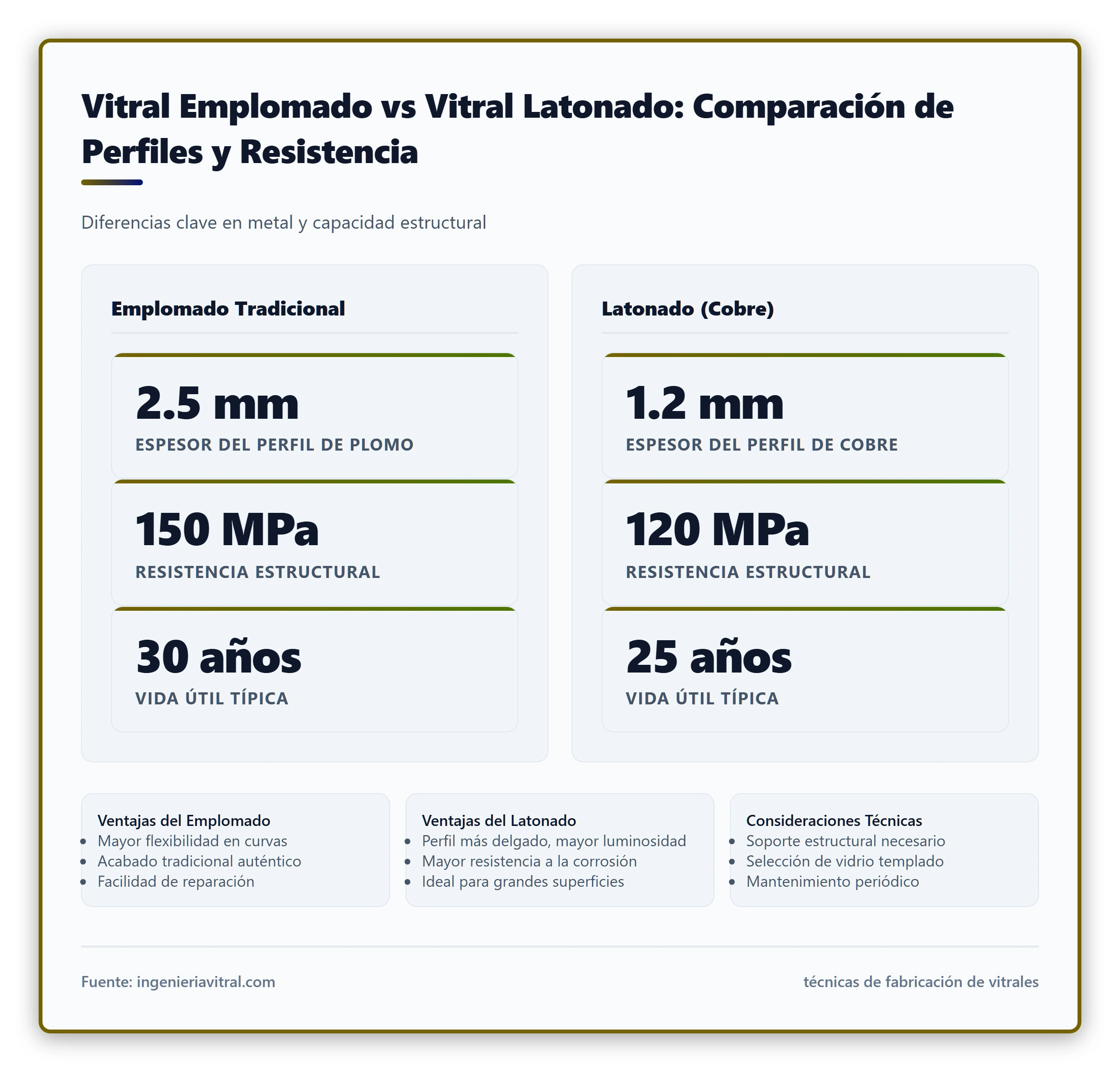 Comparación visual entre un vitral emplomado tradicional y un vitral latonado, destacando las diferencias en los perfiles metálicos y la resistencia estructural. Estilo ilustrativo limpio con anotaciones técnicas sutiles