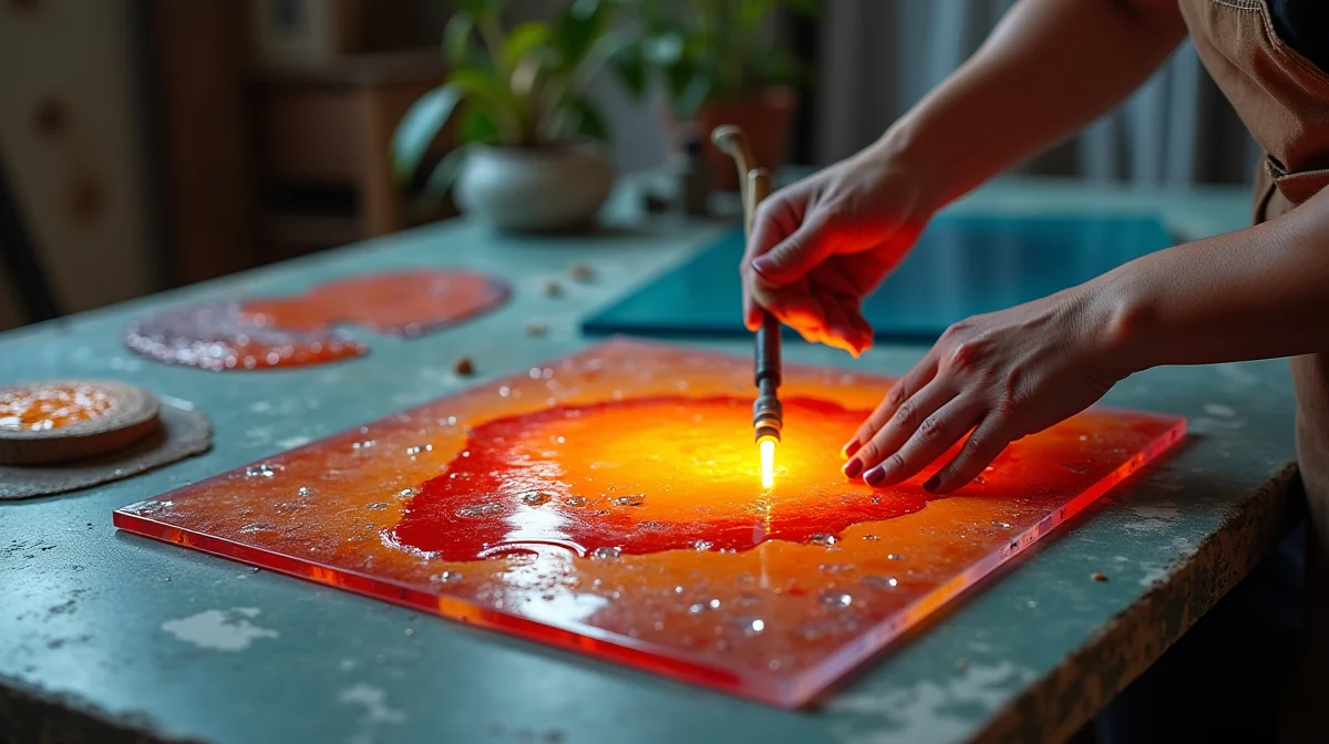 Imagen ilustrativa sobre Proceso artesanal de soplado de vidrio para crear piezas de colores profundos, mostrando el trabajo en un taller de arte. Fotorealista. para el artículo 10 Técnicas para Vitrales de Colores Únicos en 2026