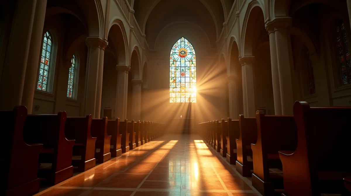 Vitral biselado en iglesia de Guadalajara: luz solar refractada en patrones geométricos y orgánicos, proyectando colores