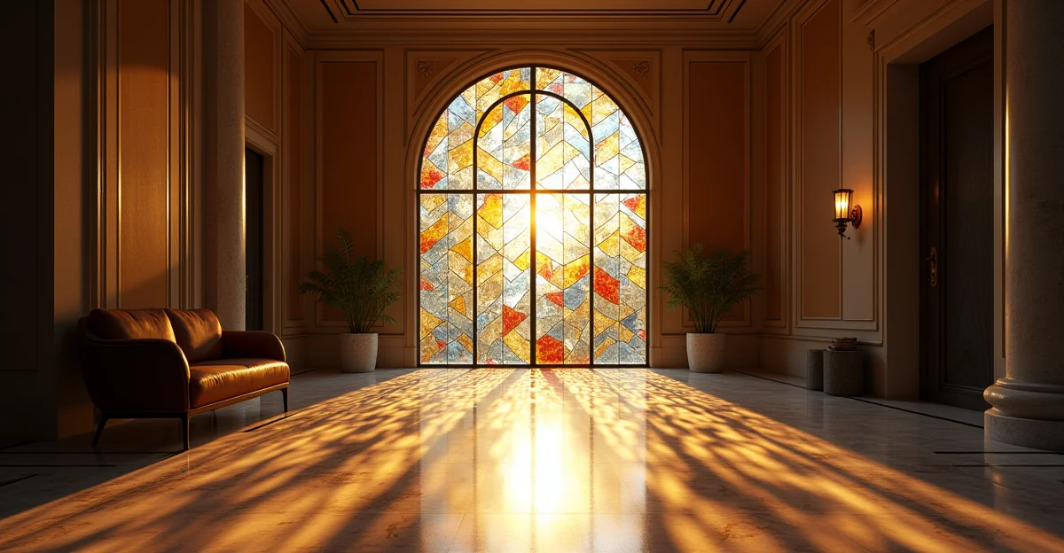 Vitral biselado en residencia de lujo en CDMX: luz solar dispersa en patrones geométricos y orgánicos, proyectando colores