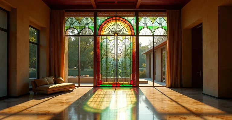 Fotografía de alta resolución de un vitral emplomado iluminado por luz natural, mostrando detalle del plomo y los cristales