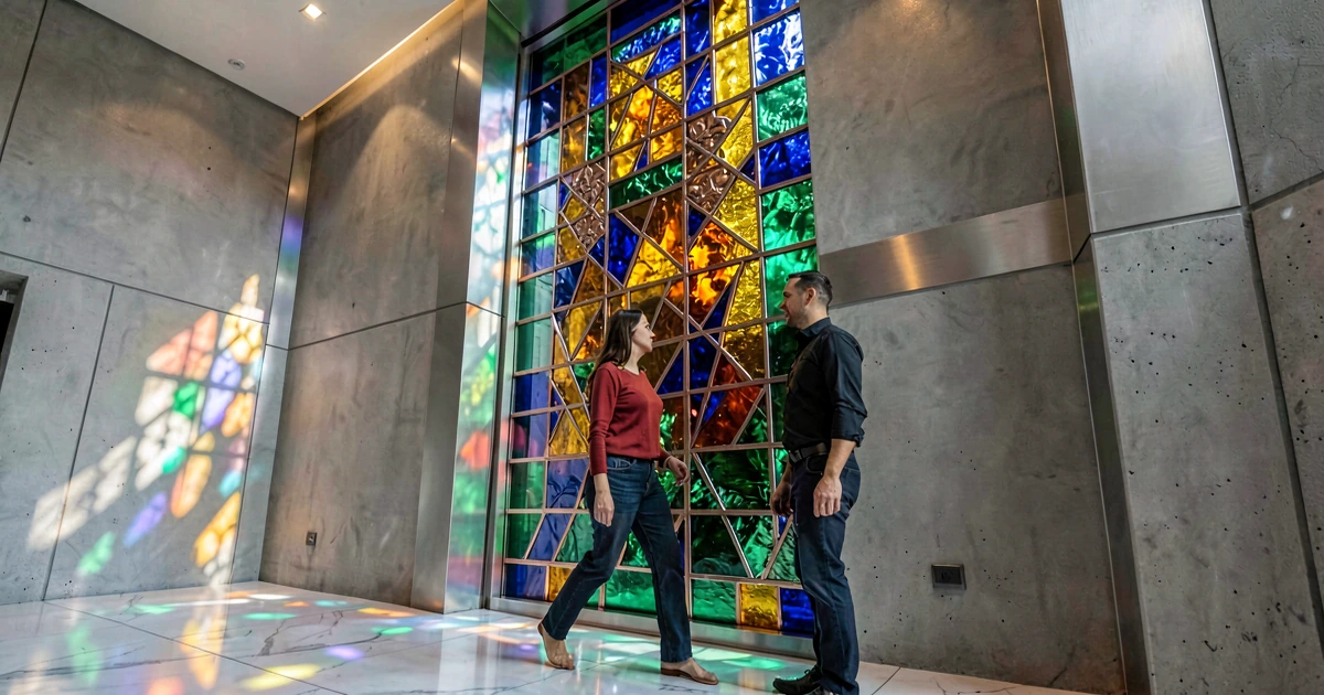 Vitral abstracto con patrones geométricos en tonos ámbar, zafiro y esmeralda, instalado en un moderno vestíbulo de mármol