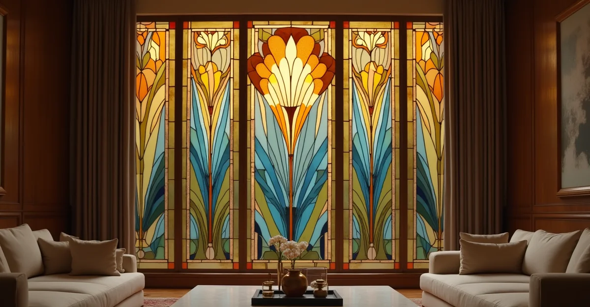Vitral de latón con diseño geométrico y floral en tonos ámbar, azul y verde, instalado en residencia de lujo con iluminación