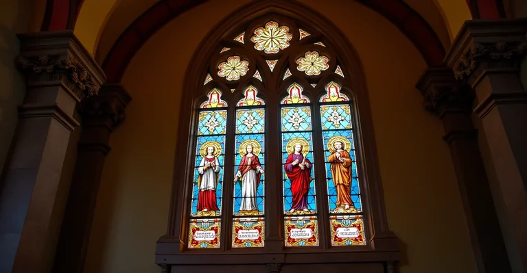 Fotografía de un vitral religioso instalado en la fachada de una iglesia mexicana, mostrando colores vibrantes y detalle