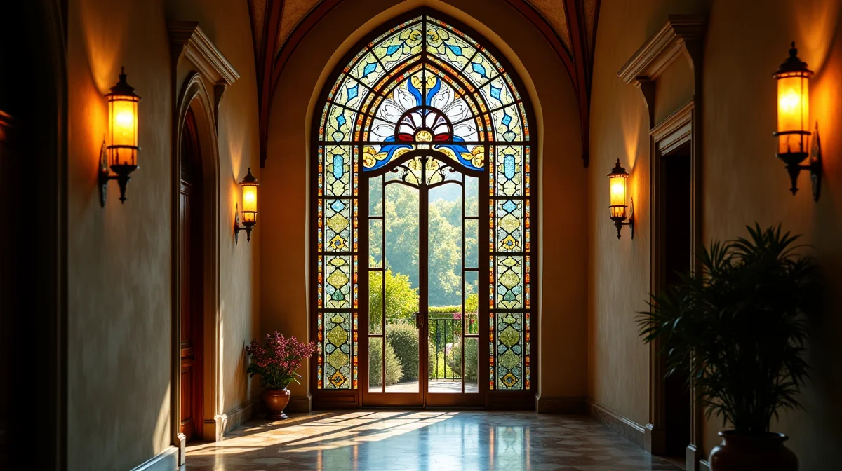 Un pasillo elegante con vitral arqueado, lámparas y una planta.