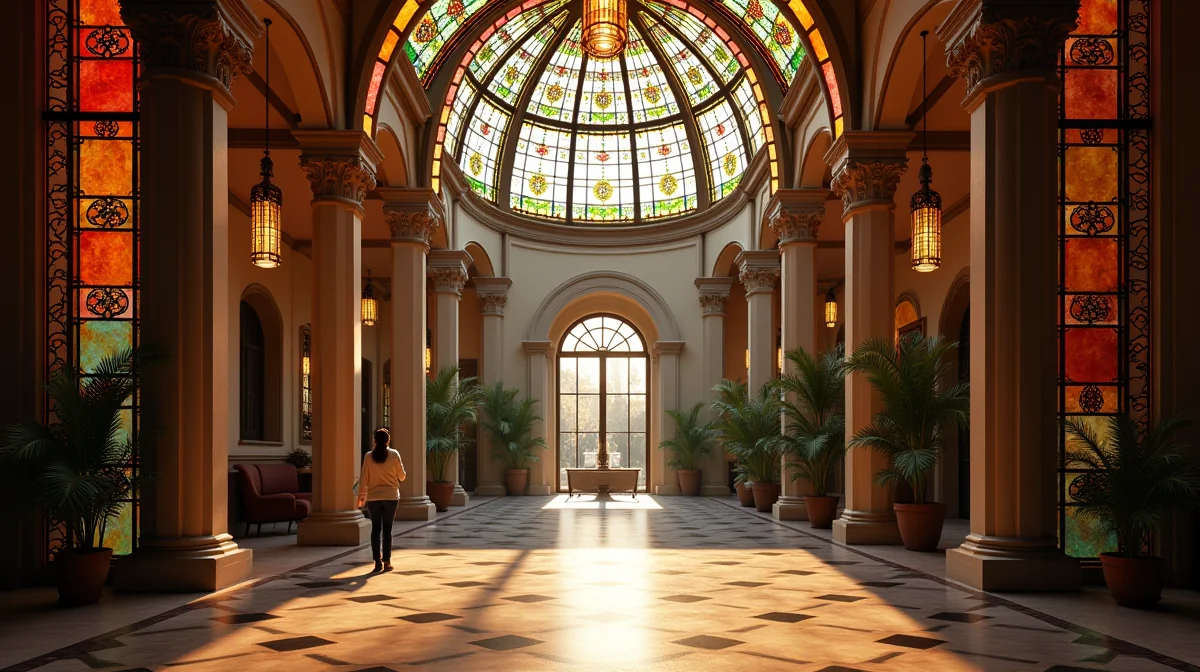 Un domo de vitral ilumina un pasillo con columnas, plantas y luz dorada.