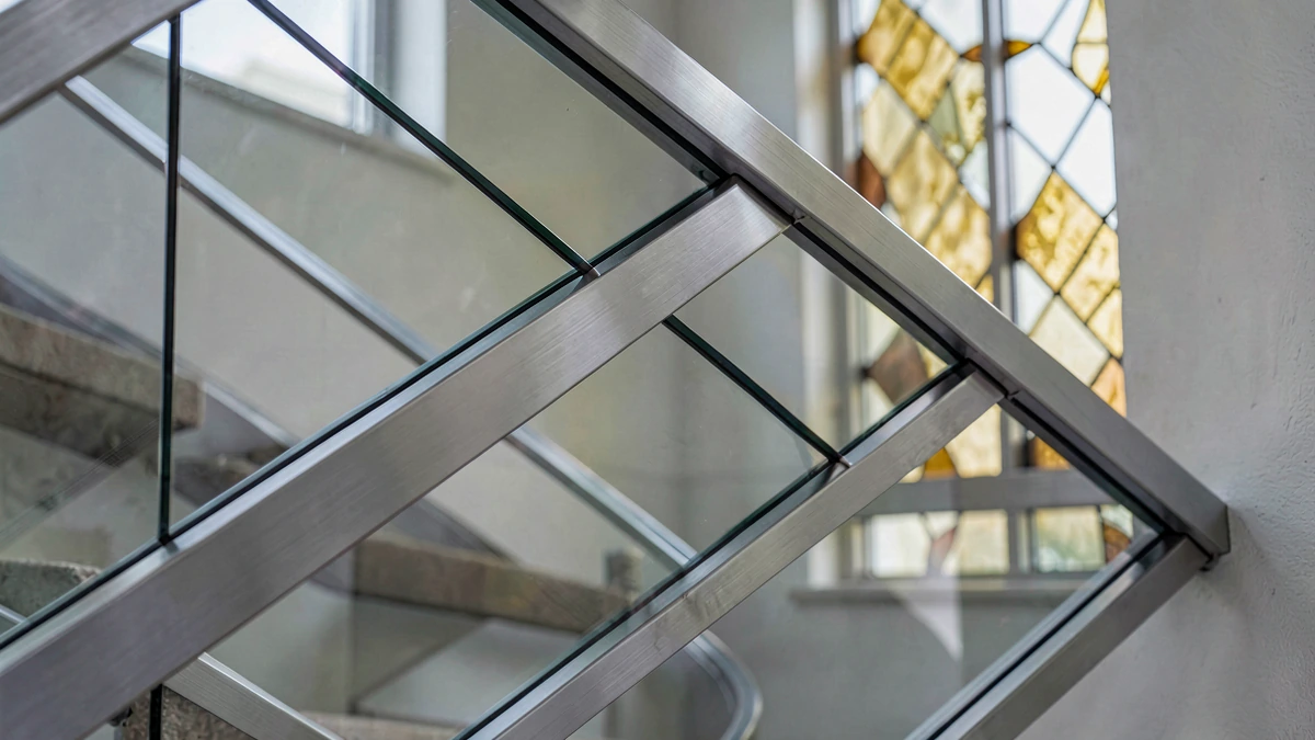 Bastidor de acero oculto que soporta un vitral con vidrio templado protector en una escalera de interior moderno