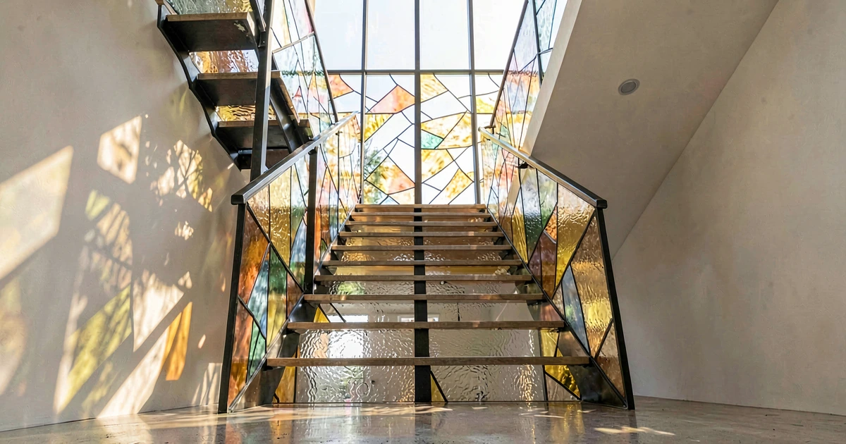 Vitral artístico en cubo de escalera residencial de lujo, con luz natural, estructura limpia y patrones de colores cálidos