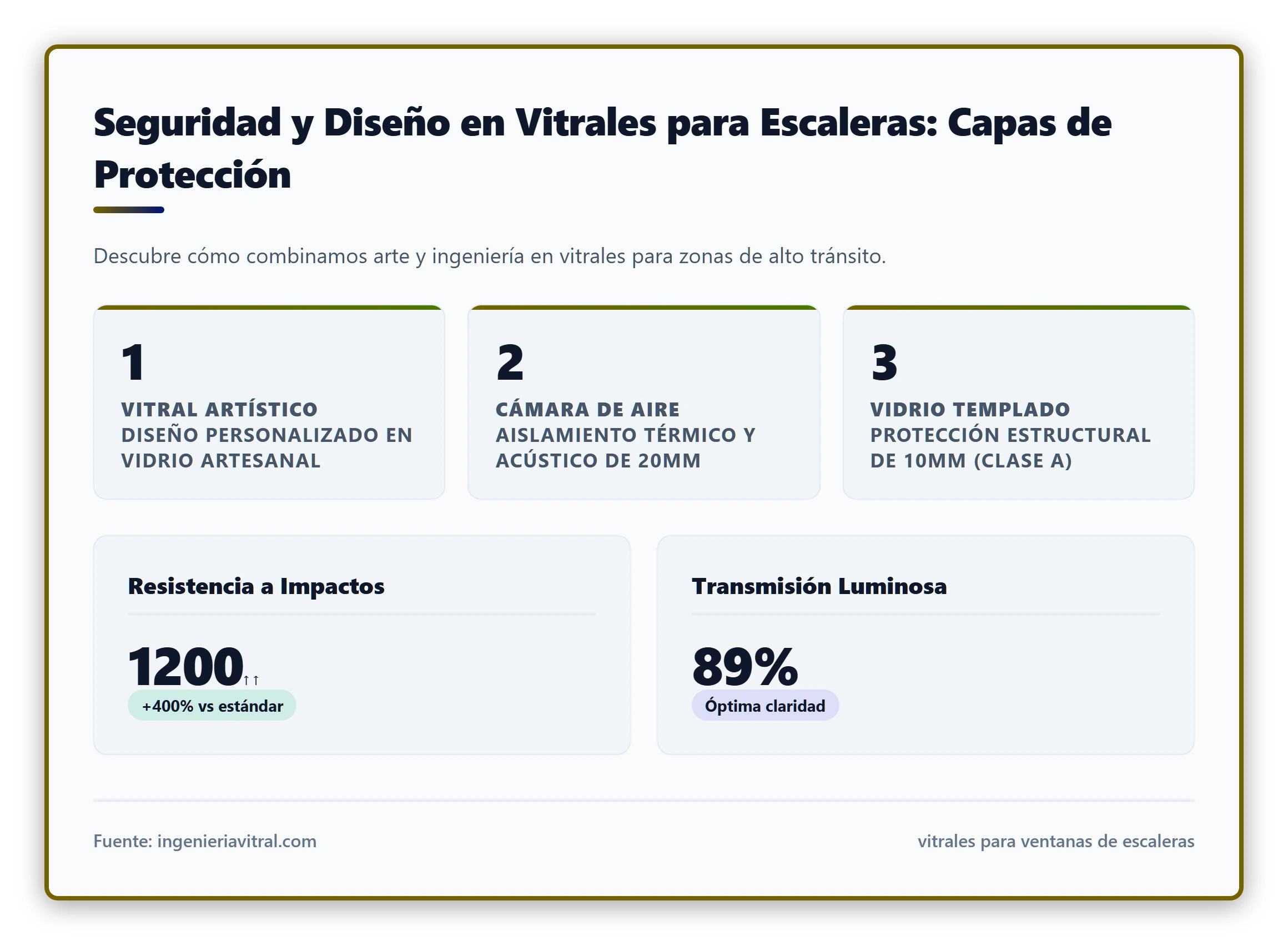 Seguridad y Diseño en Vitrales para Escaleras: Capas de Protección. Descubre cómo combinamos arte y ingeniería en vitrales para zonas de alto tránsito
