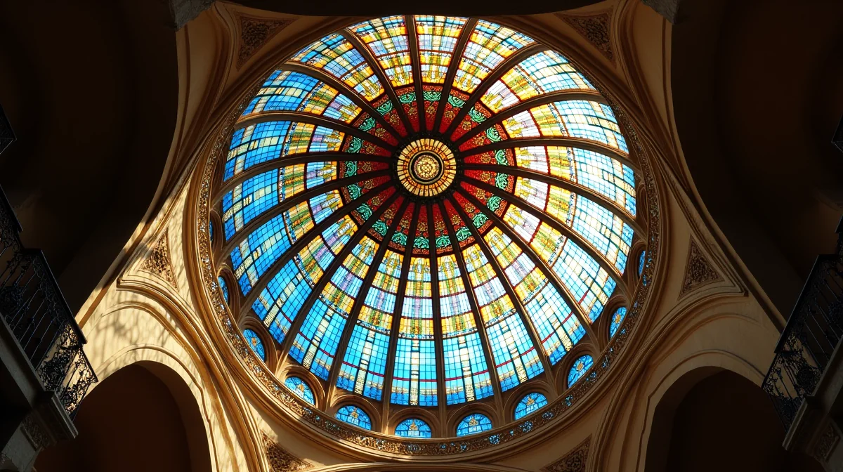 Domo de vitral instalado en una iglesia en México, mostrando un diseño complejo con cálculo estructural y protección de