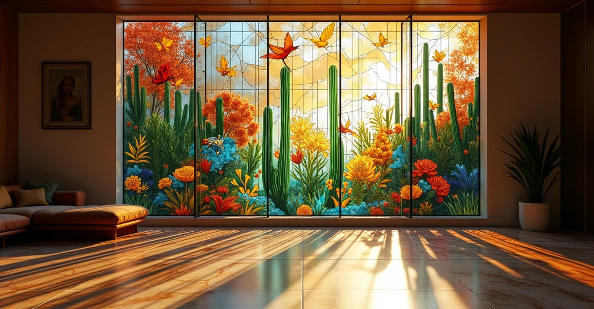 Vitral personalizado instalado en una residencia de lujo en Ciudad de México, mostrando un diseño artístico con colores