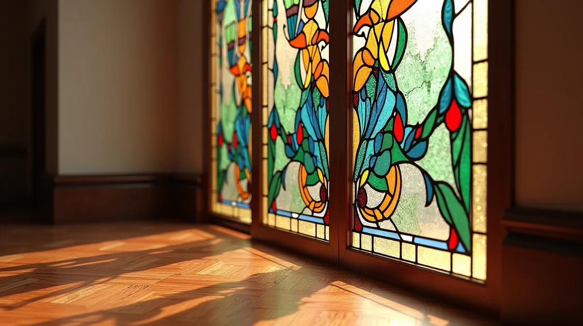 Vitral Tiffany con patrones geométricos y florales en tonos joya: azules, verdes esmeralda, rojos rubí y ámbar, iluminado por